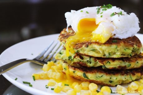 Courgette & Sweetcorn Fritters with Poached Egg