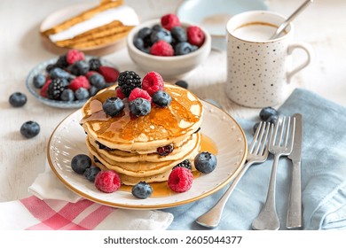 Vegan Pancakes with Maple Syrup & Mixed Berries